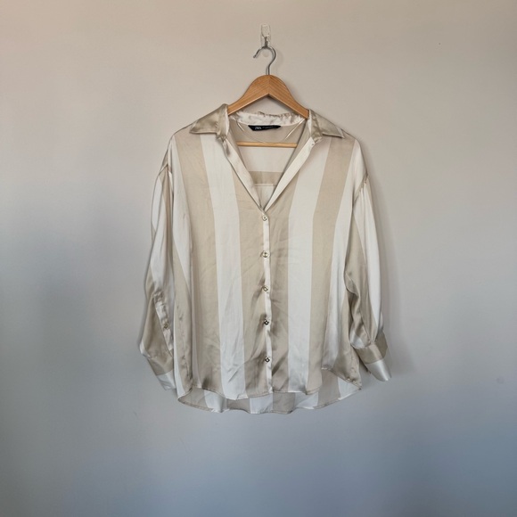 ZARA SATIN OVERSIZED Striped Flowy V-Ndck Button Up SHIRT SAND BEIGE 2562/162 - Picture 4 of 13